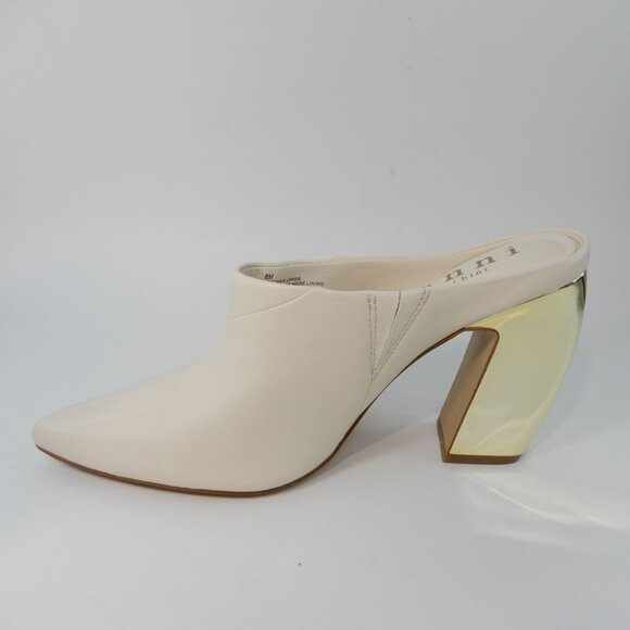 Gianni Bini Donovan Heeled Leather Mules Size 8 Cream Gold Curved Heels NEW - Picture 11 of 16